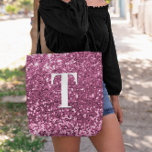 Berry Pink Faux Glitter Bokeh Sparkles Monogram Tote Bag<br><div class="desc">A modern bold single letter monogram in white with a black drop shadow. The font size, colour and style are customizable. The background is a faux berry pink glitter with sparkly spots or bokeh. Move or delete the tiny faux sparkle graphics. Girly gift for a bridesmaid or other member of...</div>