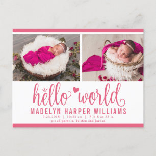 Berry Pink Hello World Photo Birth Stat Announcement Postcard