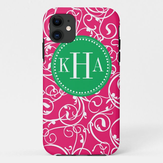 Berry Pink & Kelly Green Damask Monogram Pattern Case-Mate iPhone Case (Back)