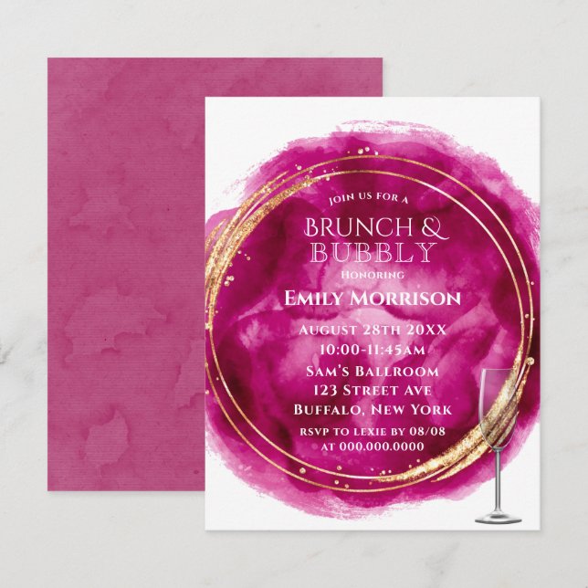 Berry Pink Watercolor Gold Brunch & Bubbly Invites (Front/Back)