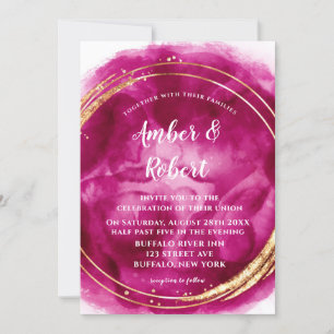 Berry Pink Watercolor Gold Wedding Invitations