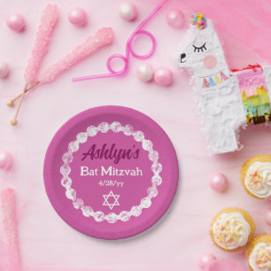 Berry Pink, White Bat Mitzvah Personalized Party Paper Plate