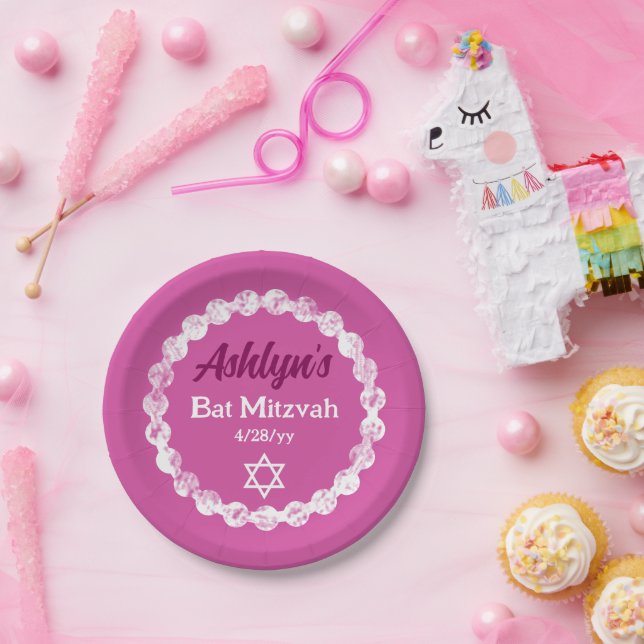 Berry Pink, White Bat Mitzvah Personalized Party Paper Plate (Party)