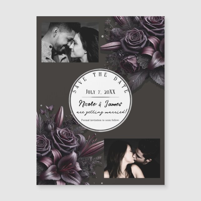 Berry Purple & Black Lily Rose Floral Save Date (Front)