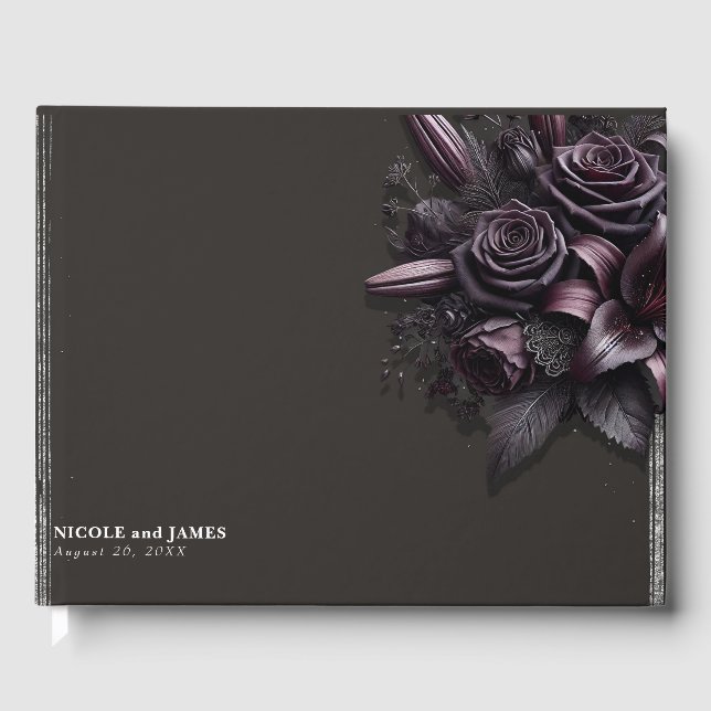 Berry Purple & Black Lily Rose Floral Wedding Guest Book (Front)