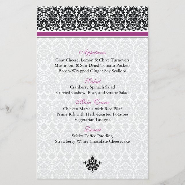 Berry Purple, Black, White Damask Menu Card (Front)