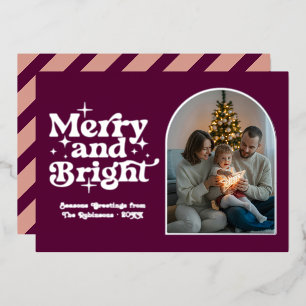 Berry Purple & Silver Modern Retro Christmas Photo Foil Holiday Card