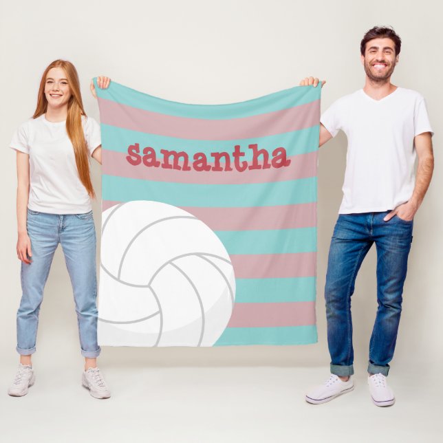 Berry Red and Aqua Giant Volleyball Striped Fleece Blanket (In Situ)