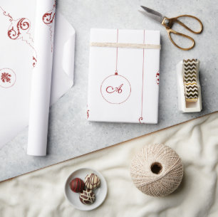 Berry Red Monogram Bauble Ornaments Christmas Wrapping Paper