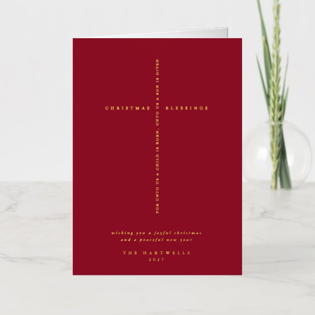 Berry Red Scripture Cross Christmas/Holiday Foil Greeting Card (Front)
