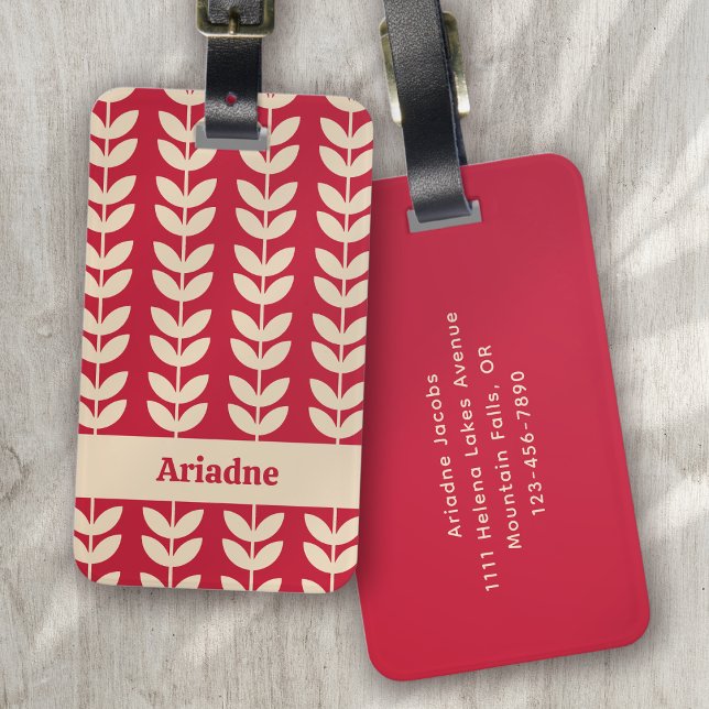 Berry Retro Vibe Leaf Pattern Monogram Luggage Tag (Creator Uploaded)