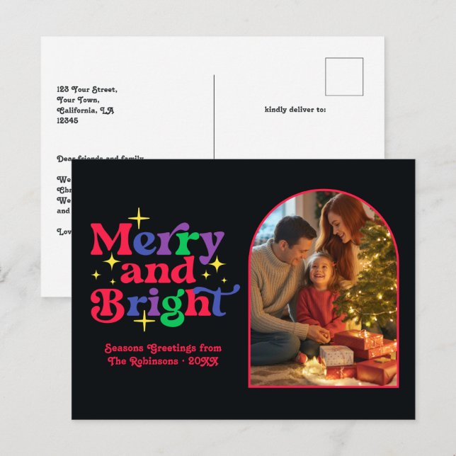 Berry Sorbet Merry and Bright Retro Christmas Holiday Postcard (Front/Back)