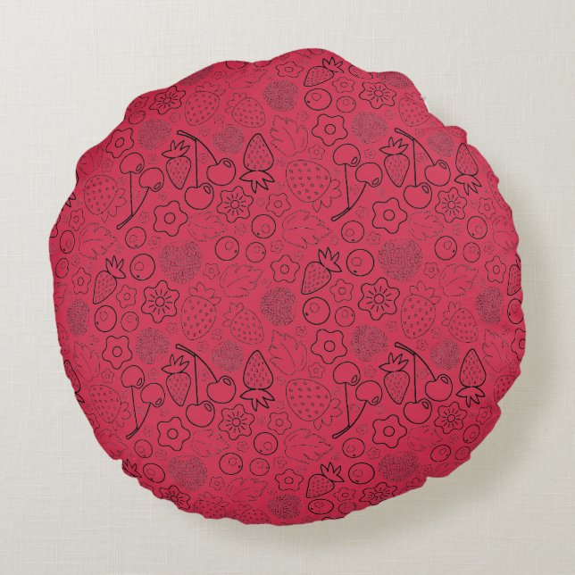 Berry Strawberry Cherry Black Hand drawn Modern. Round Pillow (Back)
