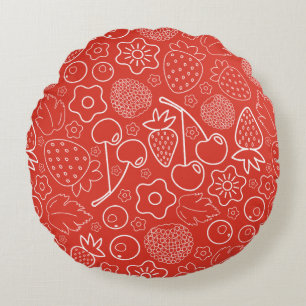Berry Strawberry Cherry White Hand drawn Modern. Round Pillow