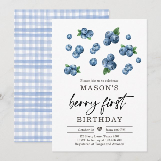 Berry Sweet 1st Birthday Boy Blueberry Invite (Front/Back)