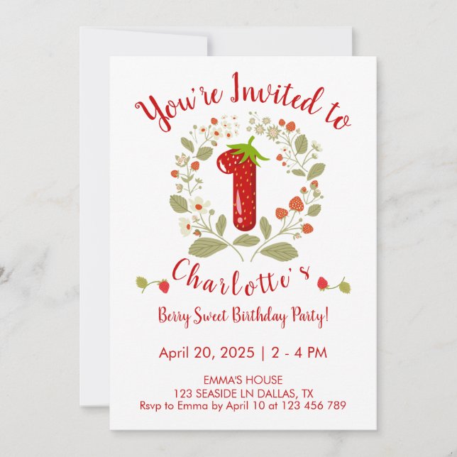 Berry Sweet 1st Birthday Party Invitation (Front)