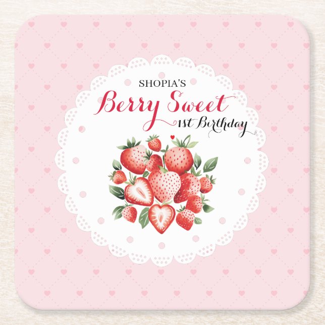 Berry Sweet 1st Birthday Square Paper Coaster (Front)