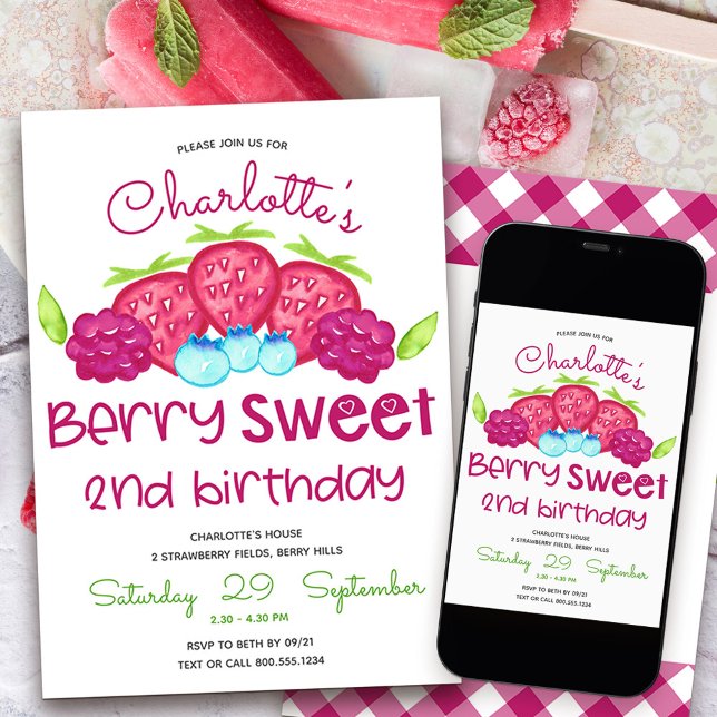 Berry Sweet 2nd Birthday Invitation (Berry Sweet 2nd Birthday Invitation)