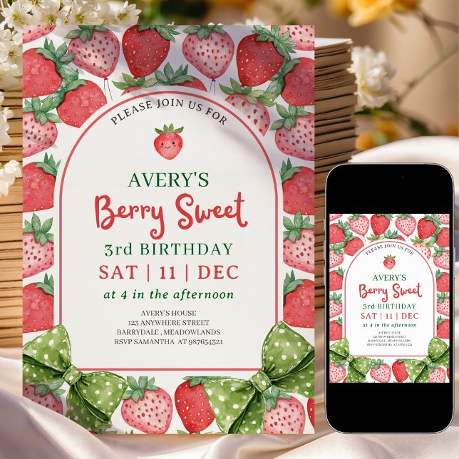 Berry Sweet 3rd Birthday Strawberry Invitation (Creator Uploaded)