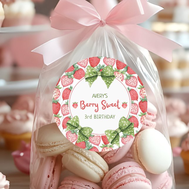 Berry Sweet 3rd Birthday Strawberry Party  Classic Round Sticker (Creator Uploaded)