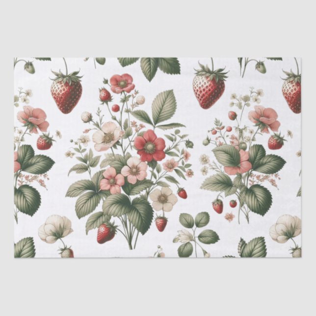 Berry Sweet All Over Strawberry and Floral Pattern Tissue Paper (Front)
