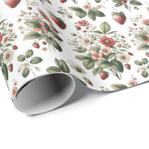 Berry Sweet All Over Strawberry and Floral Pattern Wrapping Paper