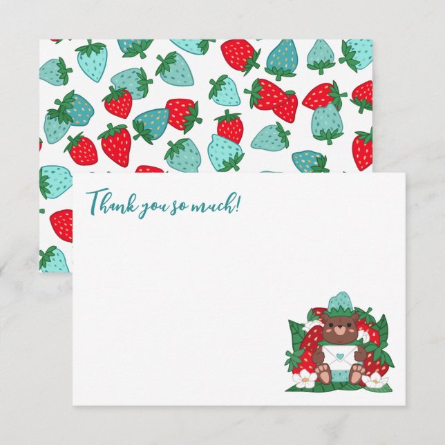 Berry Sweet Baby Blue Strawberry Bear Baby Shower Thank You Card (Front/Back)