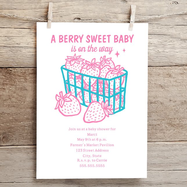 Berry Sweet Baby Doodle Pink Strawberry Girl Invitation (Creator Uploaded)