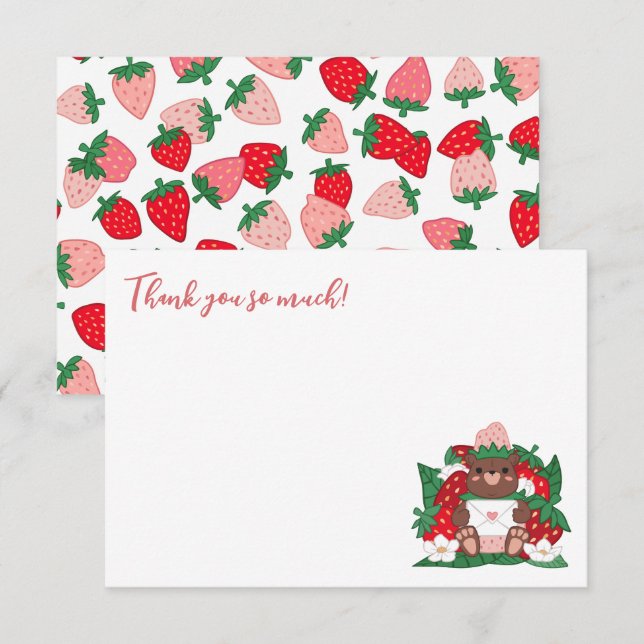 Berry Sweet Baby Pink Strawberry Bear Baby Shower Thank You Card (Front/Back)