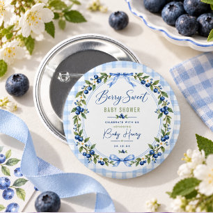 Berry Sweet baby shower   Blue Gingham Blueberry 2 Inch Round Button
