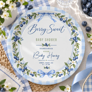 Berry Sweet baby shower Blue Gingham Blueberry Paper Plate