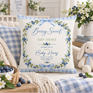Berry Sweet baby shower Blue Gingham Blueberry Throw Pillow