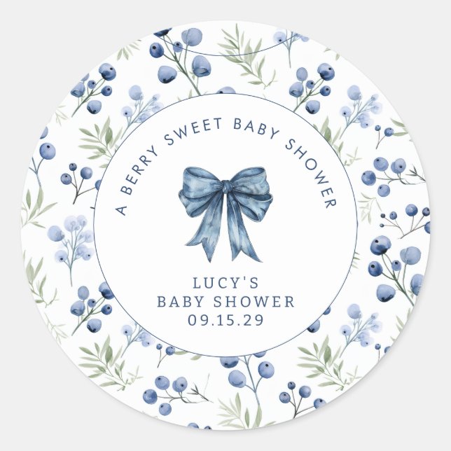Berry Sweet Baby Shower Blueberry Bow  Classic Rou Round Sticker (Front)