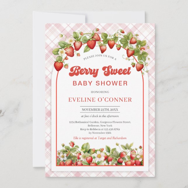 Berry Sweet Baby Shower | Boho Pink Strawberry  Invitation (Front)