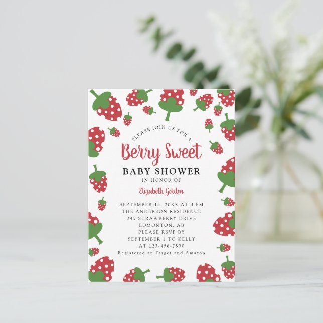 Berry Sweet Baby Shower Invitation Cute Strawberry Postcard (Standing Front)