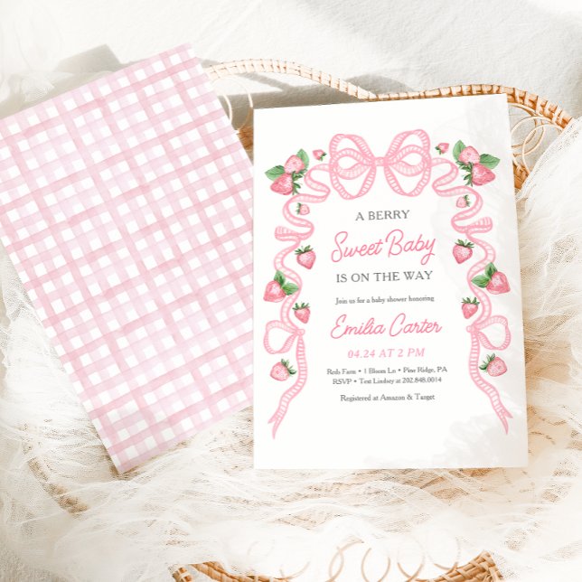 Berry Sweet Baby Shower Pink Bow Invitation (Creator Uploaded)