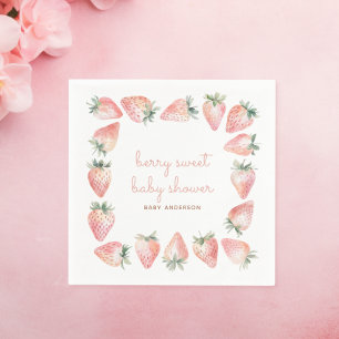 Berry Sweet Baby Shower Pink Watercolor Strawberry Napkin