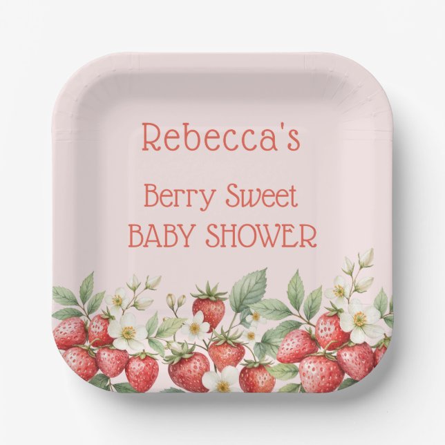 Berry Sweet Baby Shower Strawberries Blossom Paper Plate (Front)