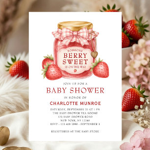 Berry Sweet Baby Shower Strawberry Jam Jar Gingham Invitation