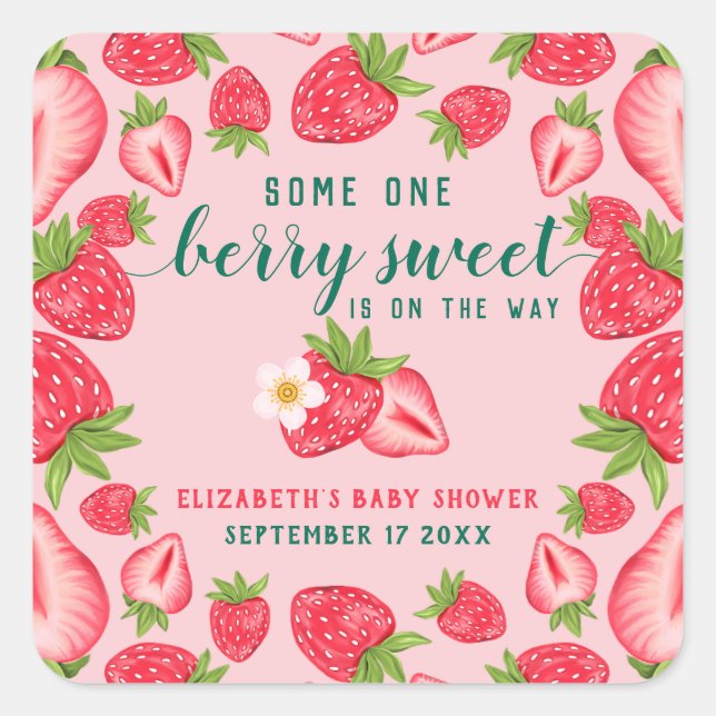 Berry Sweet Baby Strawberry Baby Shower Custom Square Sticker (Front)
