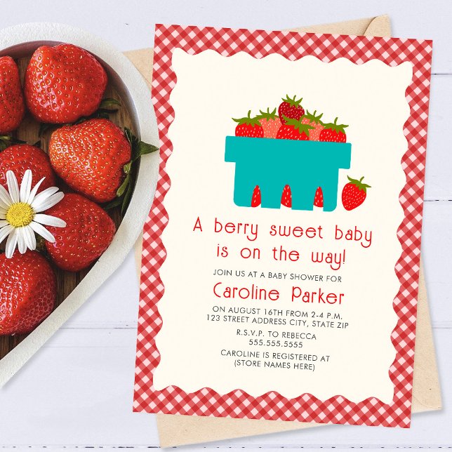 Berry Sweet Baby Strawberry Basket Gingham  Invitation (Creator Uploaded)