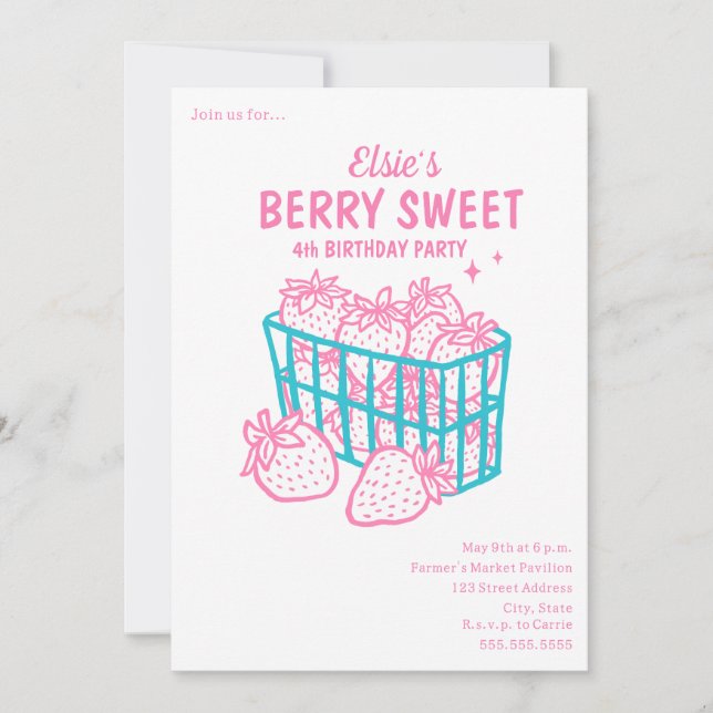 Berry Sweet Birthday Doodle Pink Strawberry Invitation (Front)
