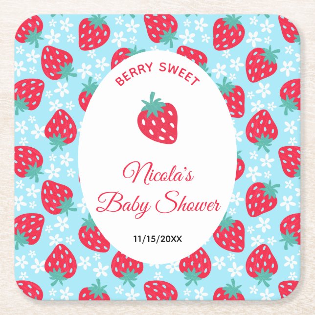 Berry Sweet Blue Strawberry Baby Shower Square Paper Coaster (Front)
