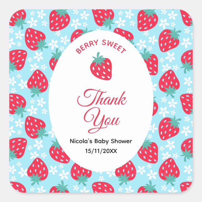Berry Sweet Blue Strawberry Baby Shower Square Sticker (Front)