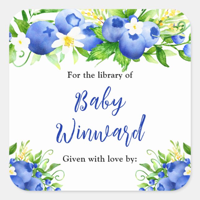 Berry Sweet Blueberry Baby Shower Bookplate Square Sticker (Front)