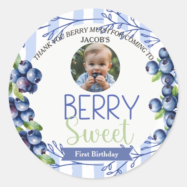 Berry Sweet Blueberry Birthday photo Classic Round Sticker (Front)