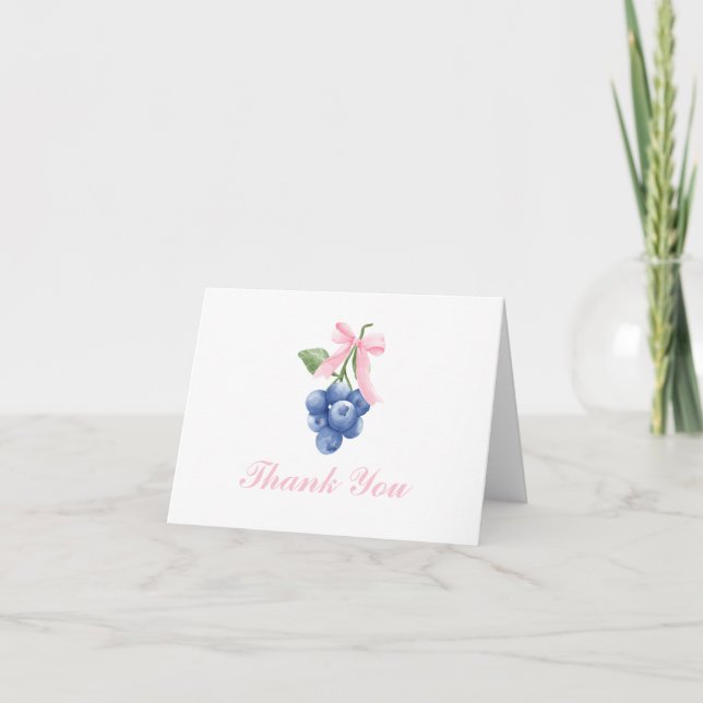 Berry Sweet Blueberry birthday Pink Bow Gingham Thank You Card (Front)