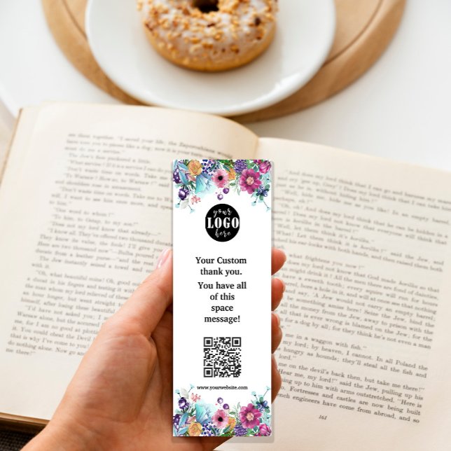 Berry Sweet Blueberry & Flowers Bookmark Card (Berry Sweet Blueberry & Flowers #floralbookmark #flowersbookmark #qrcode #addlogo #pinkandturquoise)