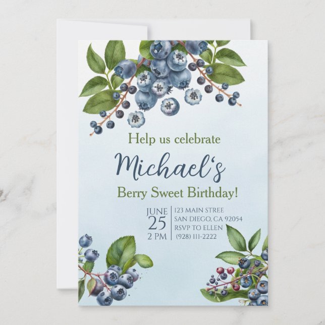Berry Sweet blueberry summer Birthday invitation (Front)