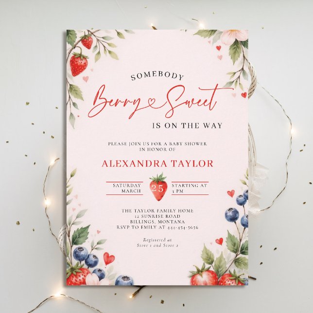Berry Sweet Botanical Berries Pink Baby Shower Invitation (berry sweet baby shower invitation fruit theme strawberry berries botanical watercolor pink)